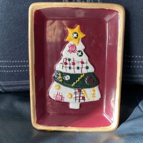 Vintage ALLURE 1997 Ceramic Christmas Tree Soap Dish Trinket Tray Gold Rim - Picture 1 of 6
